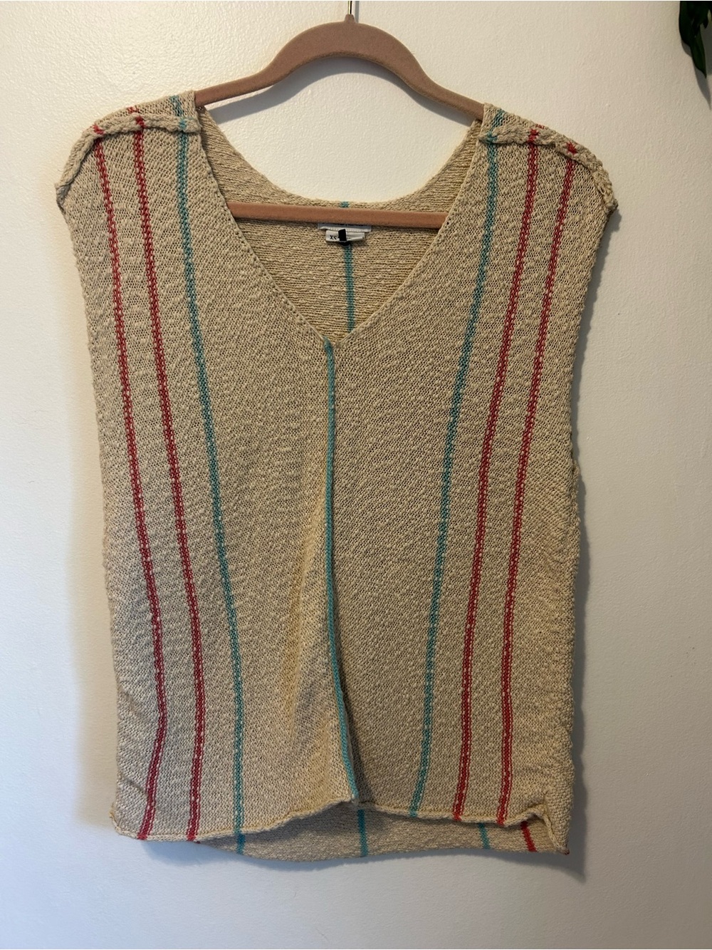 Prana Cream Knit V-Neck Top with Blue & Pink Stripe - XS - Like New